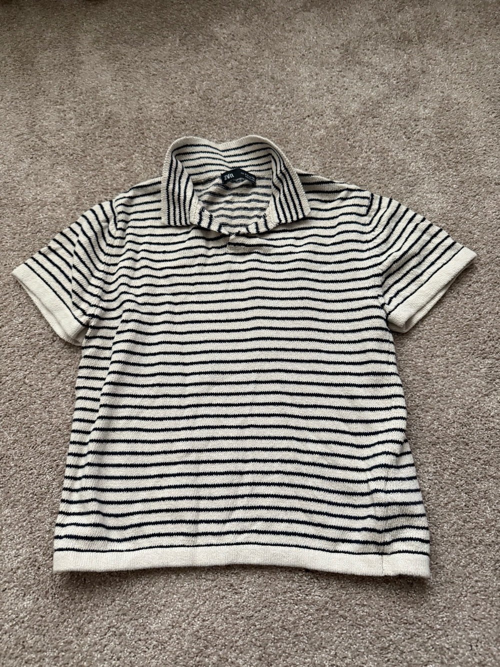 Zara Kids Cream & Black Striped Knit Short-Sleeve Polo Youth Size 8-9